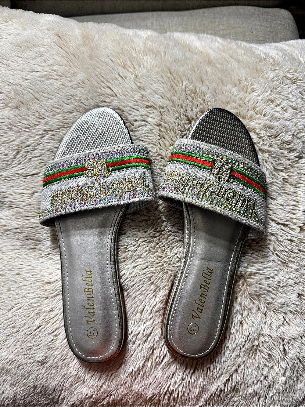 ValenBella Embellished Slide Sandals in Silver & Green EU 37 Like New